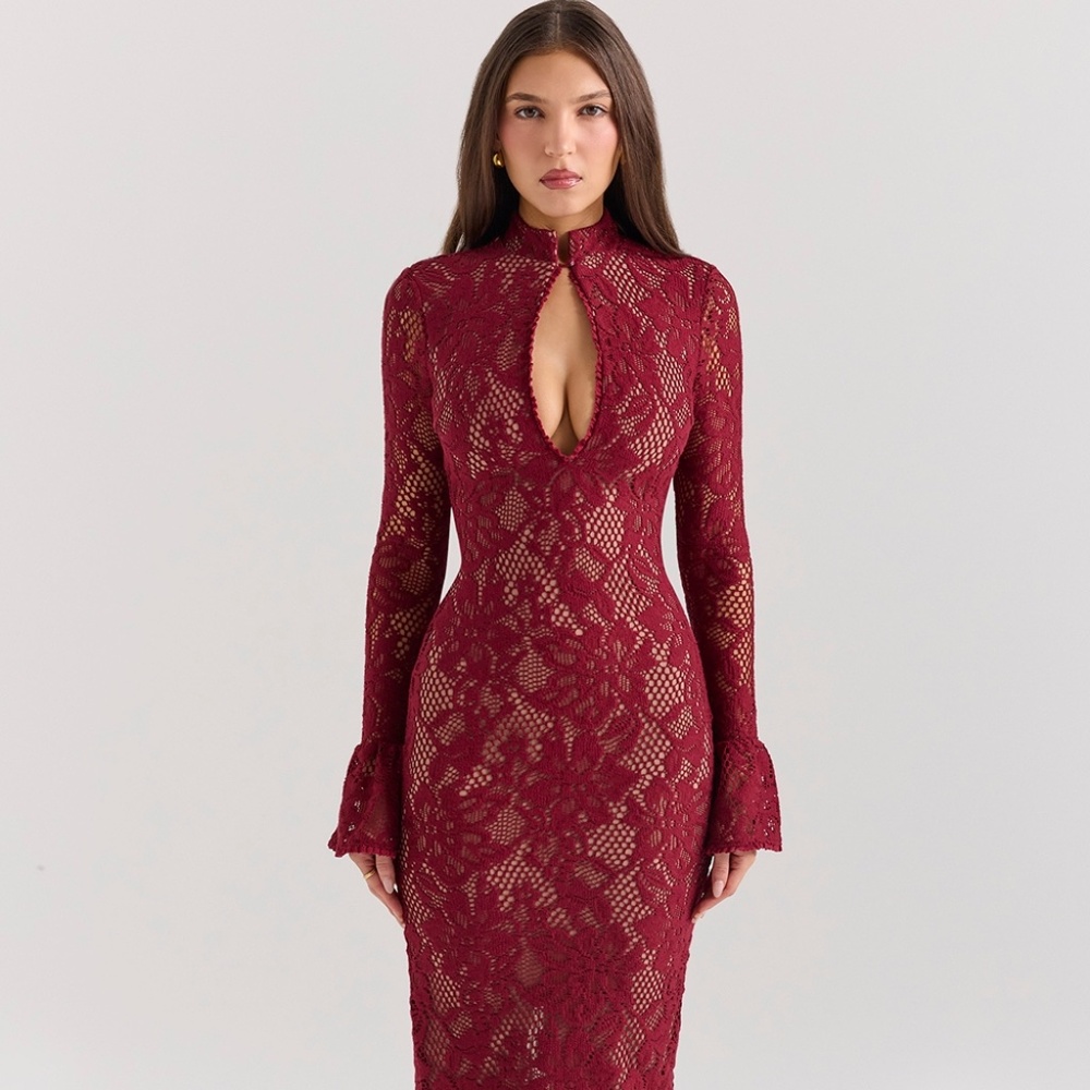 House of CB Burgundy Lace Midi Dress — Keyhole Cutout, Long Sleeve, Size Small
